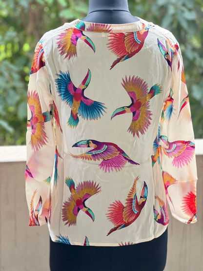 FLAMINGO BIRD DIGITAL PRINT FULL SLEEVES MANDARIN COLLAR VISCOSE SILK CAMI TOP