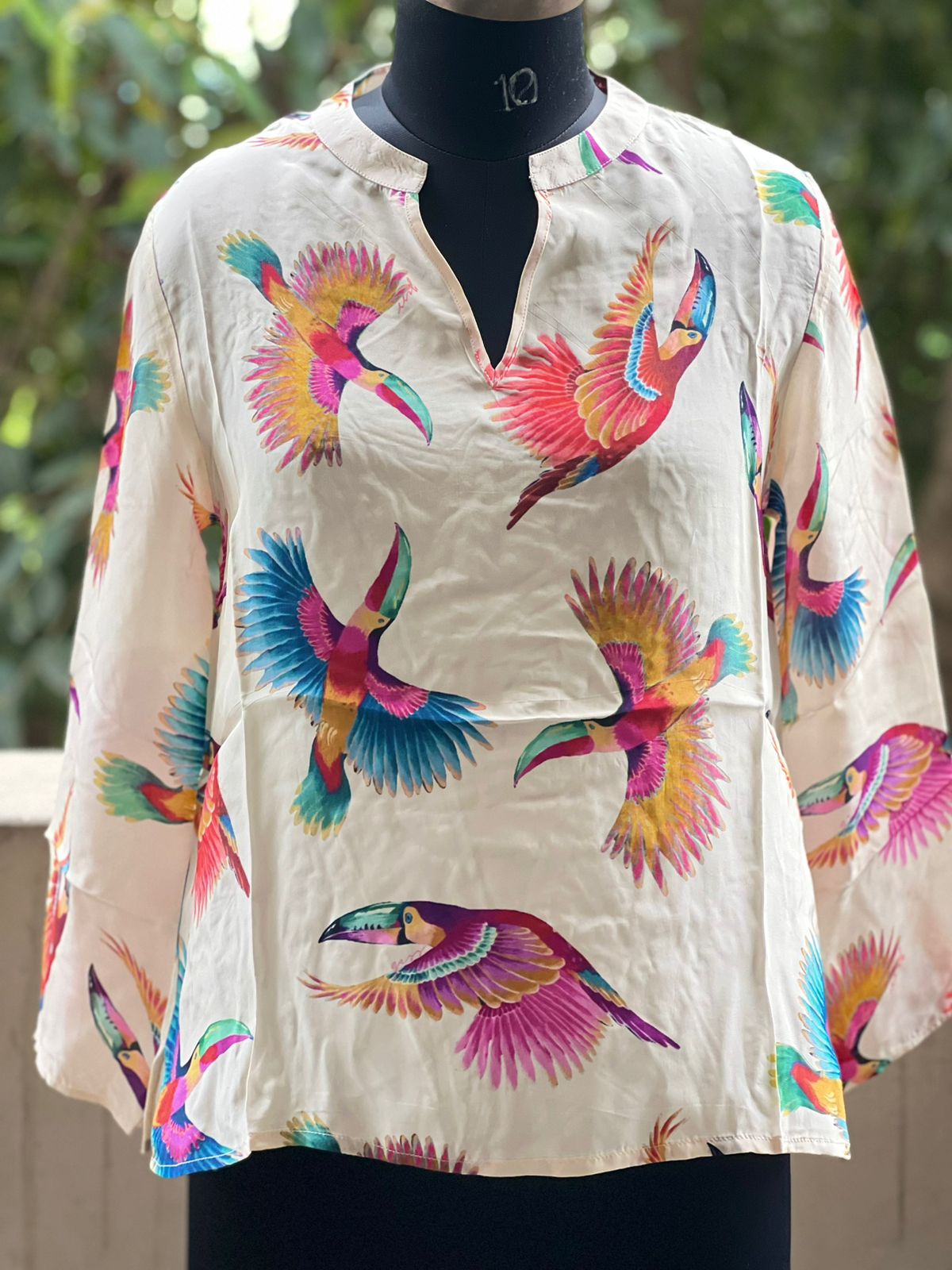 FLAMINGO BIRD DIGITAL PRINT FULL SLEEVES MANDARIN COLLAR VISCOSE SILK CAMI TOP