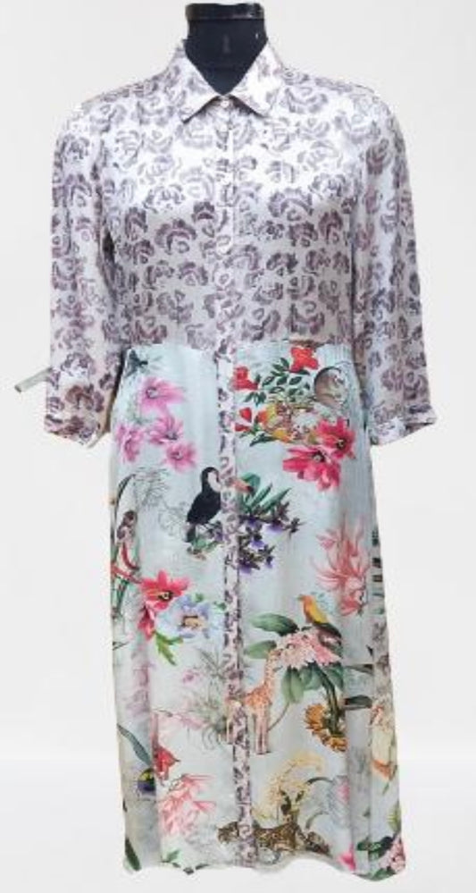 TROPICAL FLORAL PRINT WHITE SHIRT DRESS