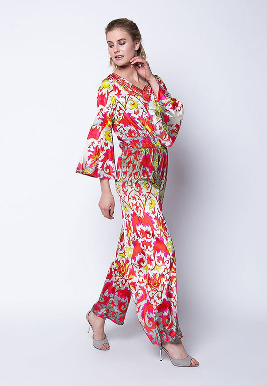 DAMASK PRINT JUMP SUIT DIGITAL PRINT VNECK LINE VICOSE SILK